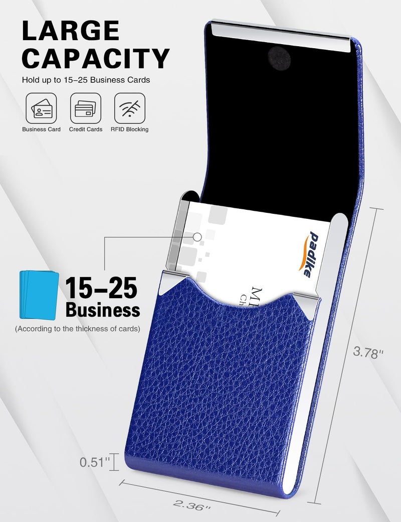 Padike Professional Business Card Holder PU Leather Business Card Case Name Card Holder Slim Metal Pocket Card Holder with Magnetic Shut (Blue) - Image 4